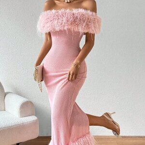 Pink Preppy Womens Women's Furry Splice Off Shoulder Dress